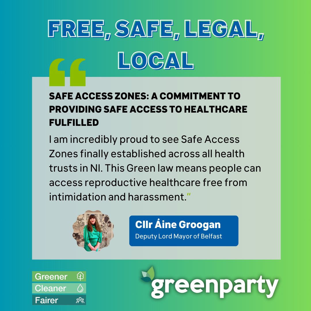 Green law for Safe Access Zones is now in force across all five health trusts.

🏥These zones will make it a criminal offense to be 'impeded, recorded, influenced or to be caused harassment, alarm or distress' whilst trying to access abortion healthcare.

#FreeSafeLegalLocal