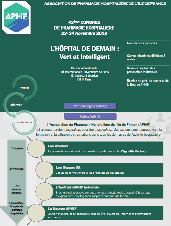 📌 Le Journal de Pharmacie Clinique sera présent au 43ème congrès de l'Association de Pharmacie Hospitalière d'Ile de France du 23 au 24 novembre 2023 ayant pour thème : L'hôpital de demain, vert et intelligent ?

Pour plus d'informations : bit.ly/3PEAyiv

#pharmacie