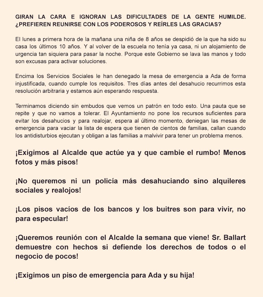 <a href="/jordi_ballart/">Jordi Ballart Pastor</a> <a href="/ajterrassa/">Ajuntament de Terrassa</a> <a href="/SLlogateresTRS/">Sindicat de Llogateres de Terrassa</a> <a href="/lapaparolaTRS/">La Paparola ecologista</a> <a href="/conselltrs/">Consell Entitats TRS</a> <a href="/favterrassa/">Fav Terrassa</a> <a href="/pahcatalanes/">PAH Catalanes</a> <a href="/SindicatLloguer/">Sindicat de Llogateres i Llogaters</a> <a href="/ateneuCandela/">Ateneu Candela</a> <a href="/latafaneratrs/">Casal Popular La Tafanera</a> <a href="/Kasalet/">Kasalet Terrassa</a> <a href="/Pepeta_Terrassa/">Pepeta</a> <a href="/mossos/">Mossos</a> 📢 Us compartim el comunicat que hem llegit avui👉 perquè al #PleTrs no es parla mai dels #StopDesnonaments? 😞 Es vol amagar la realitat dels barris de #Terrassa o directament no importa als polítics?😡 

☝️ Exigim resposta a l'Alcalde <a href="/jordi_ballart/">Jordi Ballart Pastor</a> i al govern del <a href="/ajterrassa/">Ajuntament de Terrassa</a>!