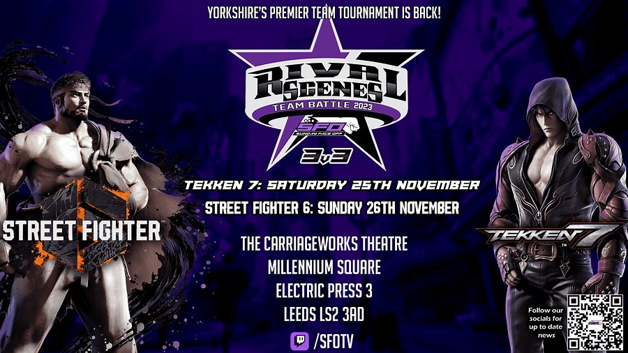 Registration for our major event, Rival Scenes is now open! We'll ve at Carriage Works Theatre in Leeds on the 25th (T7) and 26th  (SF6) November!
 
Get yourself organised &amp; show which region is the best! (edit: obviously us 😂)

Registration link below! 
start.gg/tournament/riv…