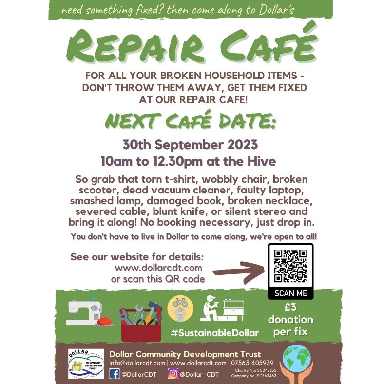 How long have you had that BROKEN item that you will get FIXED 'one day'? Why not make tomorrow that day? Bring it to The Hive, Dollar 10am-12.30pm.