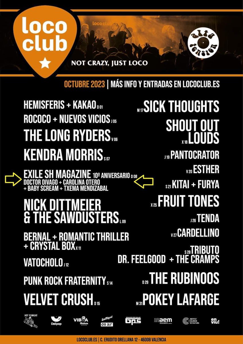 🎂🎉🥳 Programación de Octubre del <a href="/SALALOCOCLUB/">Loco Club Valencia</a> de Valencia, incluyendo nuestra Fiesta 10 aniversario Exile SH Magazine el día 8 con <a href="/mendizabalmusic/">mendizabal</a> <a href="/YoLaReinaRoja/">Carolina Otero</a>  <a href="/babyscreampop/">Baby Scream</a> y <a href="/doctordivago/">Doctor Divago</a> 
Entradas 👇👇👇👇👇 
movingtickets.com/Entradas-10-An…