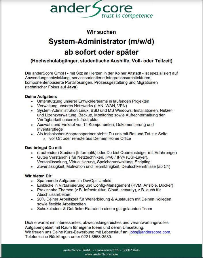 #wirstellenein: Systemadministrator für unser Büro in der Kölner Altstadt gesucht. Wir sind gespannt auf Deine Bewerbung! 
#systemadministrator #job #stellenangebot #koeln #software #linux