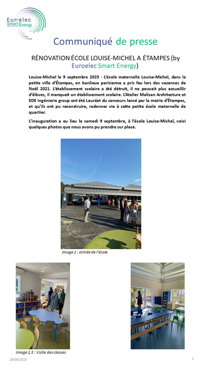 Euroelec's tweet image. Communiqué de presse sur la rénovation de l&apos;école élémentaire Louise-Michel à Étampes !