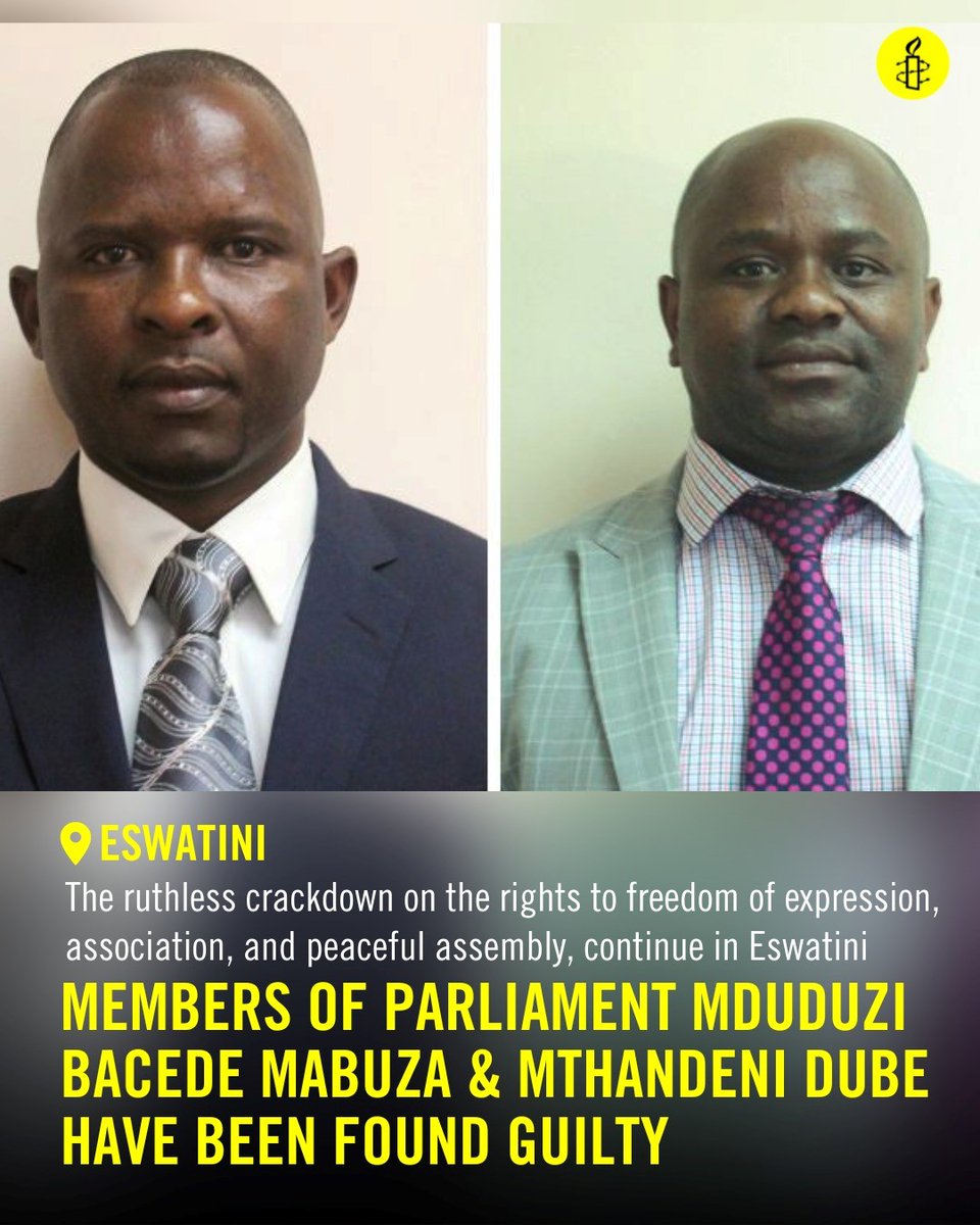 @EswatiniGovern1 @TheKingdom22 The conviction of Mthandeni Dube and Bacede Mabuza is an outrageous assault on freedoms of expression, association and assembly, it must be overturned immediately. #FreeBacede #FreeMthandeni #Eswatinielection