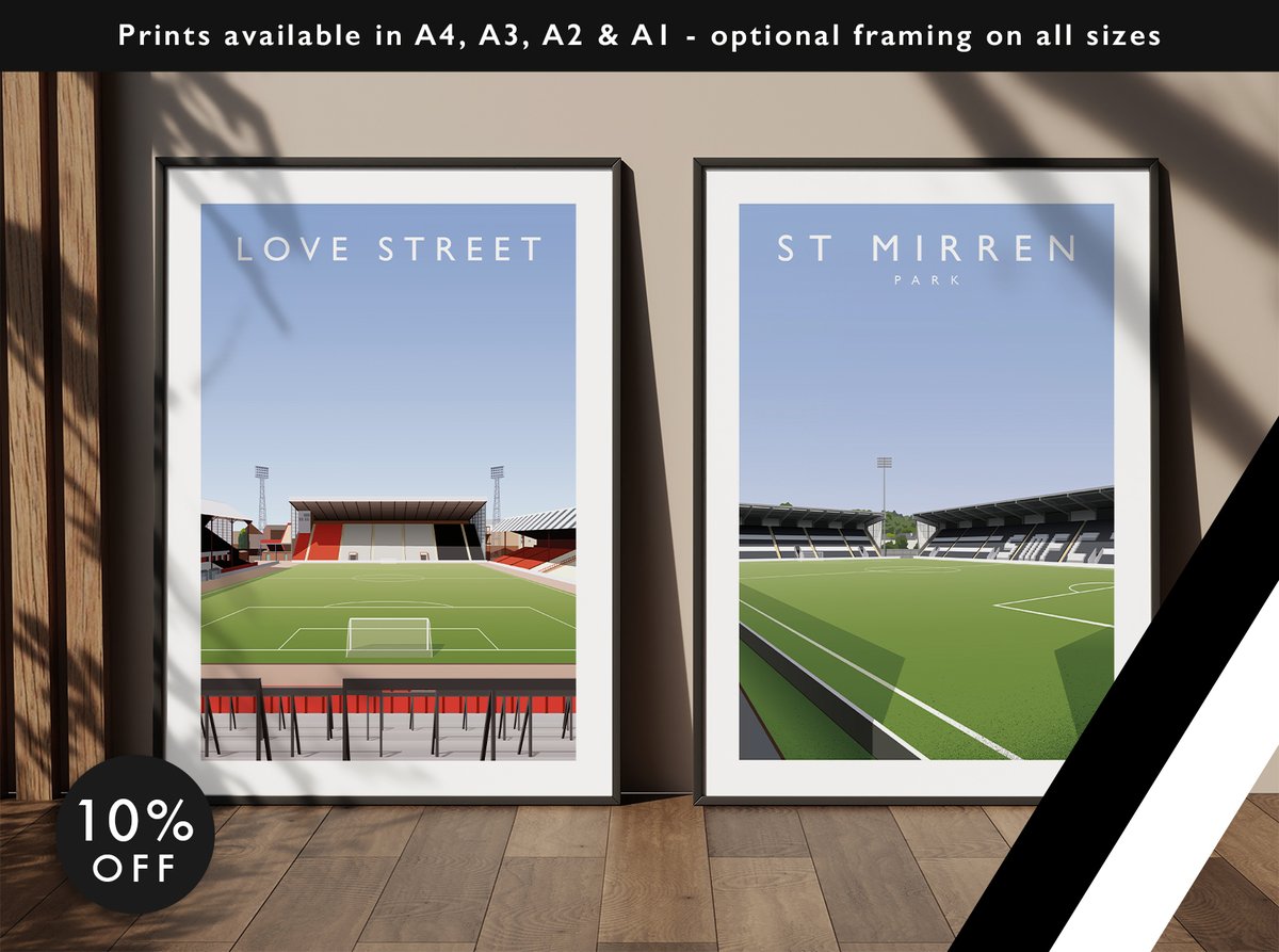 Love Street &amp; St Mirren Park

Prints available in A4, A3, A2 &amp; A1 with optional framing      

Get 10% off until midnight with the discount code 
THE-BUDDIES

Love Street: matthewjiwood.com/scottish-groun…
St Mirren Park: matthewjiwood.com/scottish-groun…

#StMirrenFC #Buddies <a href="/MiseryHunters/">Misery Hunters</a>