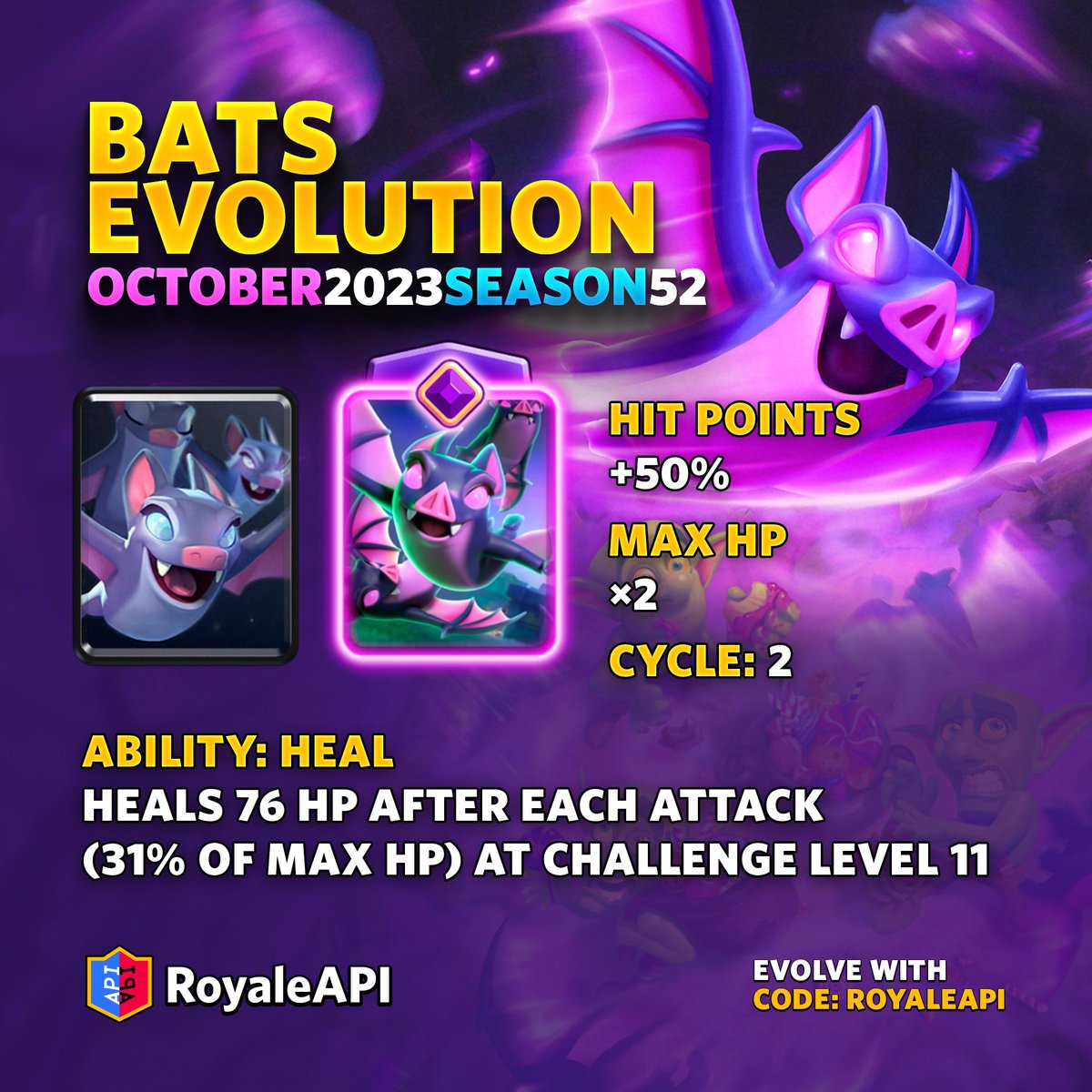 RoyaleAPI's tweet image. Bats Evolution 👉 on.royaleapi.com/batsevo

#ClashRoyale #クラロワ #RoyaleAPI