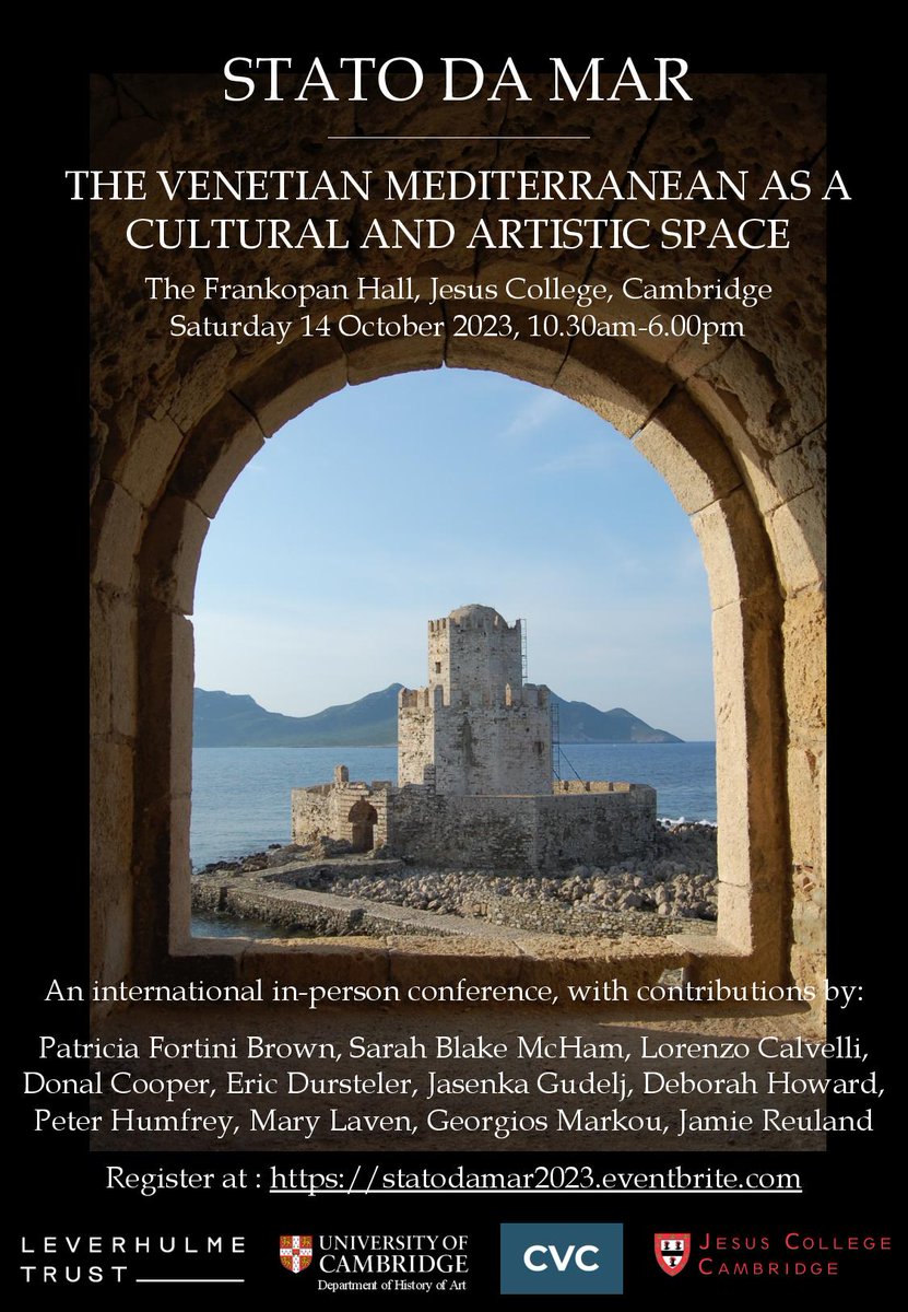 Join us for "Stato da Mar: The Venetian Mediterranean as a Cultural and Artistic Space", an in-person conference of leading scholars of Venice’s Medieval and Early Modern periods - on 14th October 2023 at <a href="/JesusCollegeCam/">Jesus College</a> 
~
Register at statodamar2023.eventbrite.com