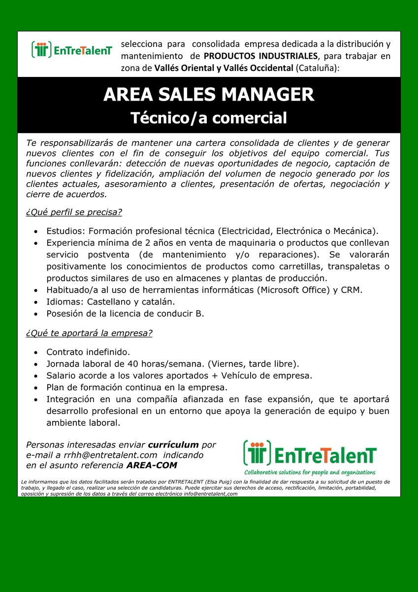 ENTRETALENT's tweet photo. ENTRETALENT selecciona AREA #SALES MANAGER – técnico/a #comercial para consolidada empresa dedicada a la distribución y mantenimiento de PRODUCTOS INDUSTRIALES, para trabajar en zona #carretillas #transpaletas #elevadores #ascensores  #postventa #SAT #empleo #trabajo #feina https://t.co/TqXY1ujJRO