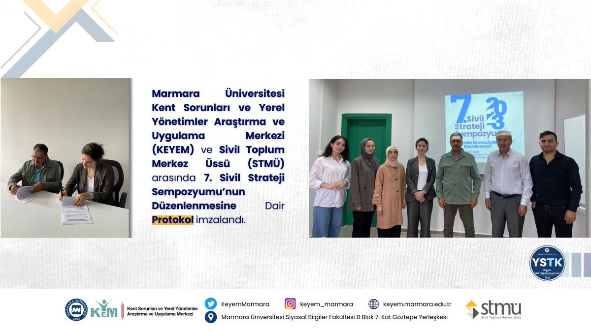 Düzenleme Kurulu Başkanlığını Prof.Dr. Yüksel Demirkaya’nın yaptığı 7. Sivil Strateji Sempozyumu için Sivil Toplum Merkez Üssü (STMÜ) ve Marmara Üniversitesi, Kent Sorunları ve Yerel Yönetimler Araştırma ve Uygulama Merkezi (KEYEM) arasında protokol imzalandı. 🙏🏻✍️
