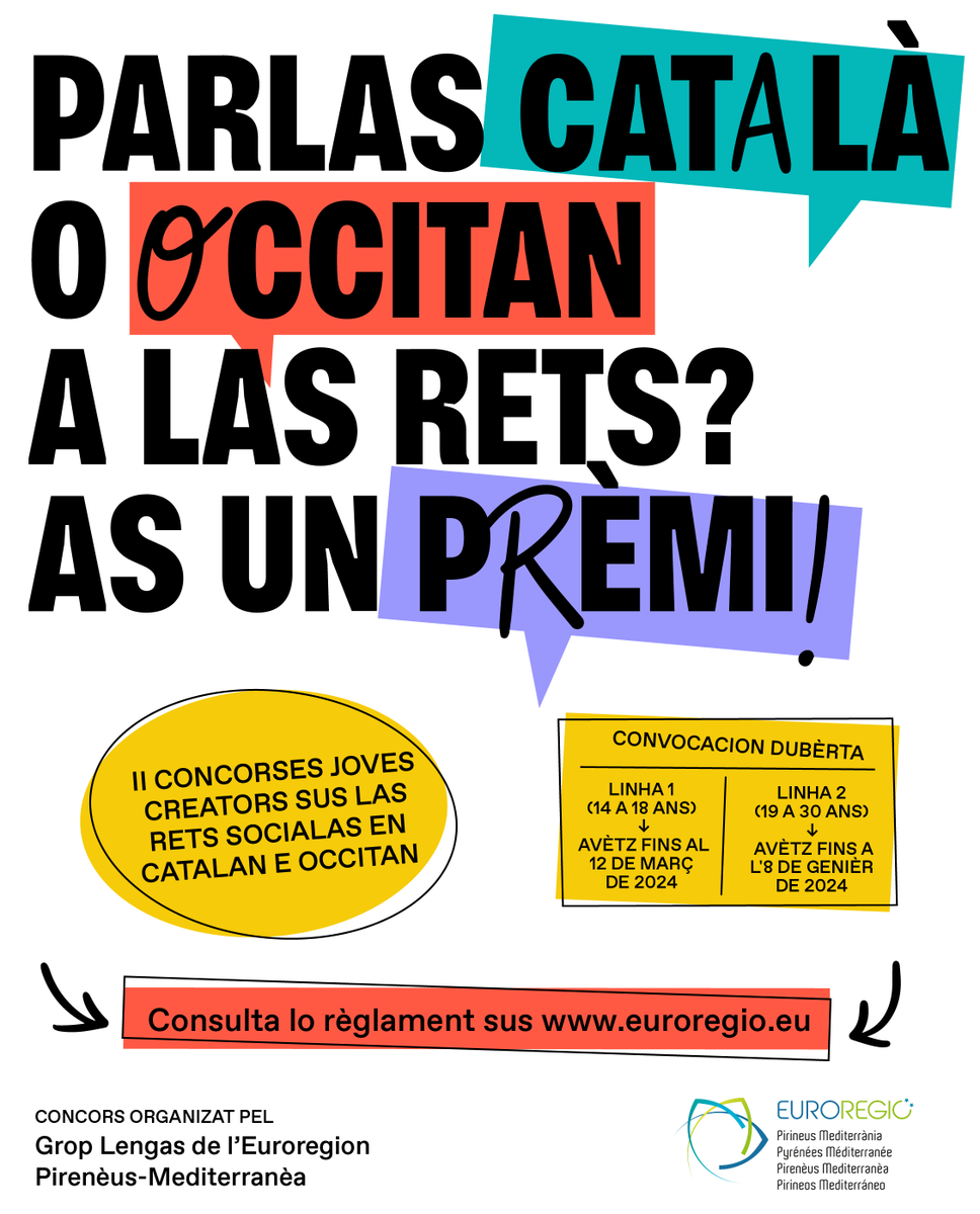 Euroregion's tweet photo. 📢Segonda edicion de nòstre #concors #Joves creators sus las rets socialas en #catalan e #occitan dobèrta !!
💻14-30 ans. Modalitats : individual, collectiu, organisme. Totas variantas lingüisticas.
▶️Info sul sit #euroregion: https://t.co/FLS7om2EmE
Esperam vòstras candidaturas! https://t.co/17WSxPsrmb