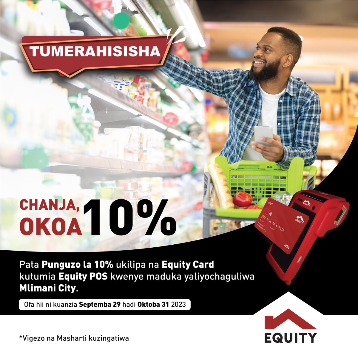 TzEquityBank's tweet photo. Fanya Shopping kwenye maduka yaliyochaguliwa Mlimani City na upate punguzo la 10% ukifanya malipo na #EquityCard kupitia #EquityPOS
Ofa hii ni kuanzia Septemba 29 hadi Oktoba 31, 2023. *Vigezo na Masharti kuzingatiwa
#Tumerahisisha #EquityBank #10%Discount https://t.co/hur3oRjgqe