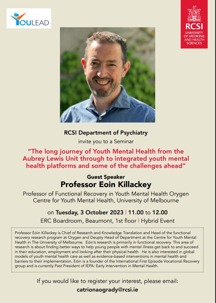 Don't miss this Youth Mental Health seminar with Prof Eoin Killackey from Orygen, Uni of Melbourne <a href="/RCSI_Irl/">RCSI</a> <a href="/NuigYoulead/">YOULEAD NUIG</a> <a href="/MarycannonMary/">Mary Cannon</a> <a href="/GaryD2011/">Gary Donohoe</a> <a href="/orygen_aus/">Orygen</a>