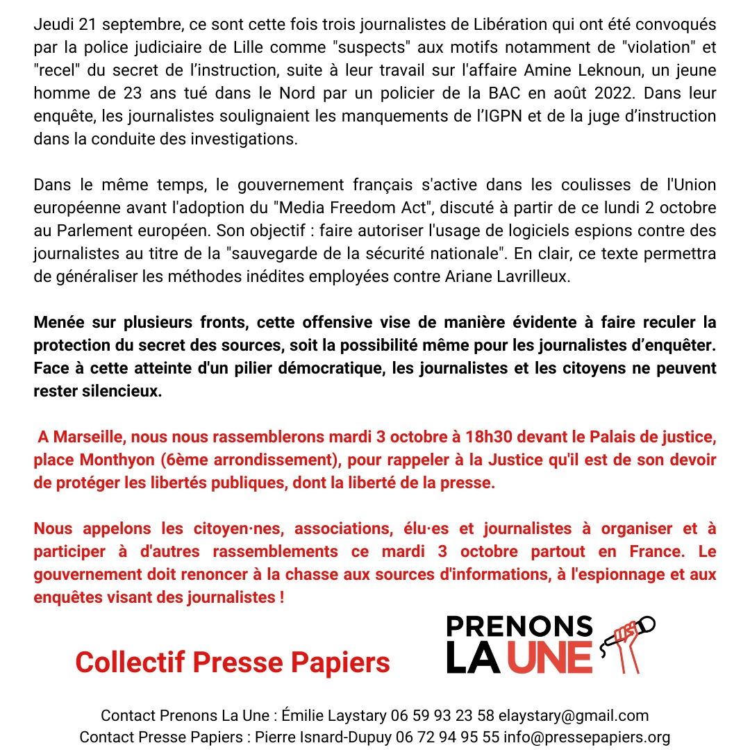 PressePapiers13's tweet photo. 📢 Pour le secret de sources et la liberté d'informer ! Attaquées bien au delà du cas d'@AriaLavrilleux.
Rassemblons-nous ce mardi 3 octobre à 18h30, devant le palais de justice de #Marseille et partout en #France, jour 1 des #EtatsGenerauxDeLinformation
Faites tourner ! ⬇️ https://t.co/xbscY6Pdh9