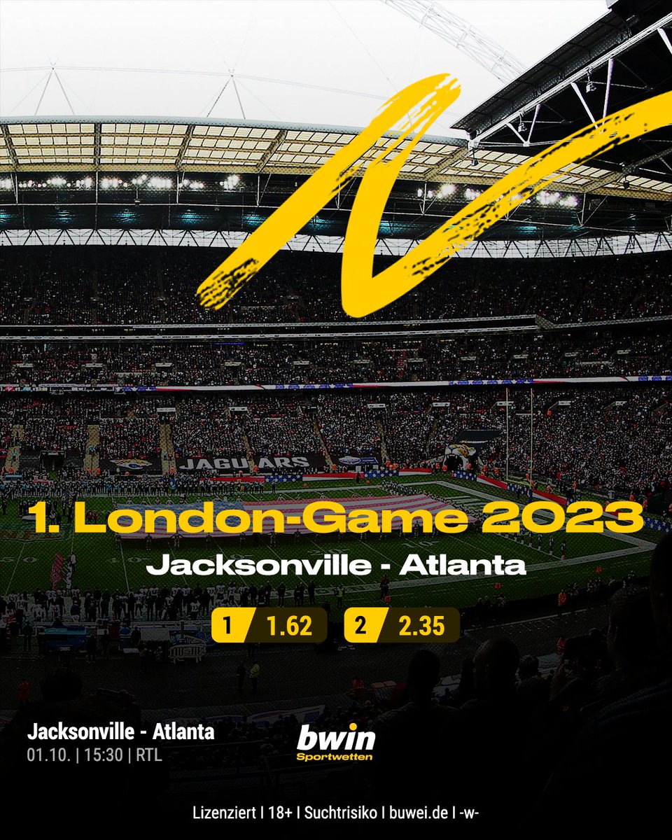 Im Wembley fliegt wieder das Ei 🏈 Platziere jetzt Deine Wette für das 1. London-Game des Jahres 👉 bit.ly/3RF7p9E #NFL #Falcons #Jaguars