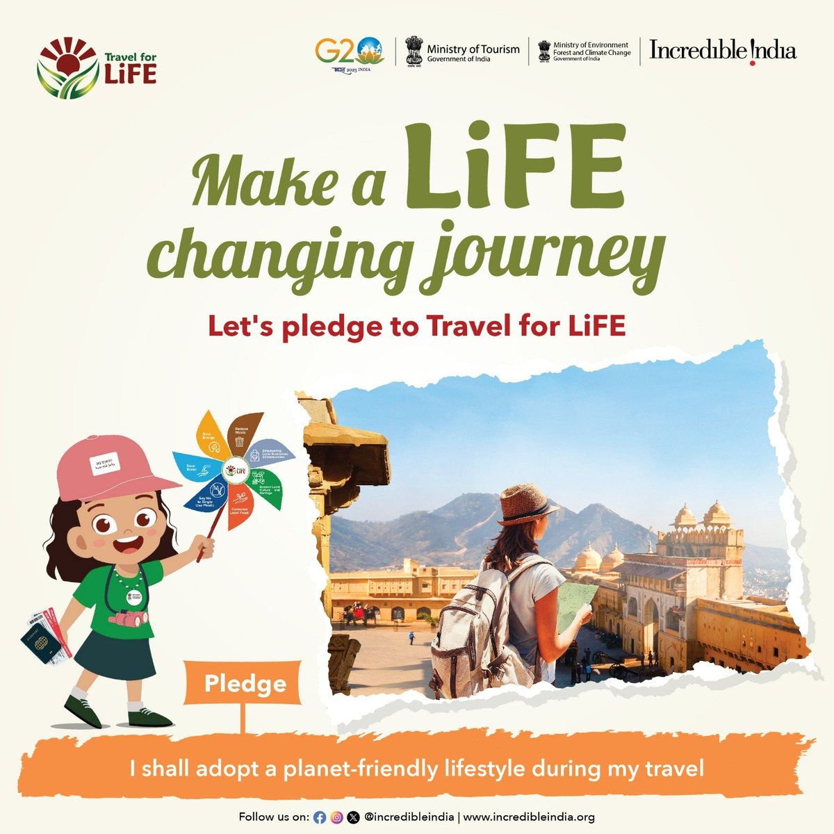 In alignment with #MissionLiFE, let us commit to the '#TravelForLife' pledge - 'I shall adopt a planet-friendly lifestyle during my travel'. Join us on this transformative journey. 
#SutainableTourism #Pledge1
