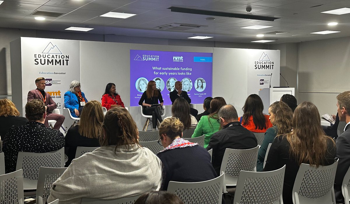 EduInvestor's tweet photo. In the NMT Owners Club Room, @NMTmagazine editor Briony Richter chairs the panel ‘What sustainable funding for early years looks like’ with @NDNAtalk @EYAlliance @SunflowerChilds & Claygate Montessori School #EdSummit23 https://t.co/M0kzRXLjWh