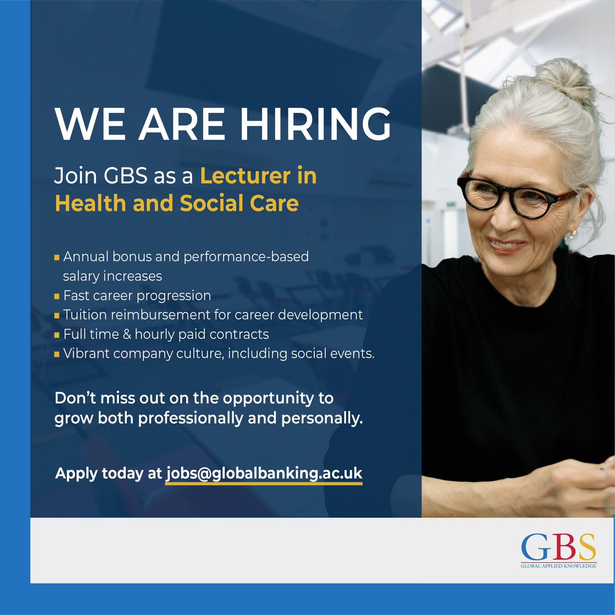 Global Banking School (@gbsknowledge) on Twitter photo GBS is #hiring a motivated Health and Social Care lecturer.
Experience rapid career advancement, annual bonus, performance-based salary increases, and more.
#Apply now at: jobs@globalbanking.ac.uk GBS is #hiring a motivated Health and Social Care lecturer.
Experience rapid career advancement, annual bonus, performance-based salary increases, and more.
#Apply now at: jobs@globalbanking.ac.uk