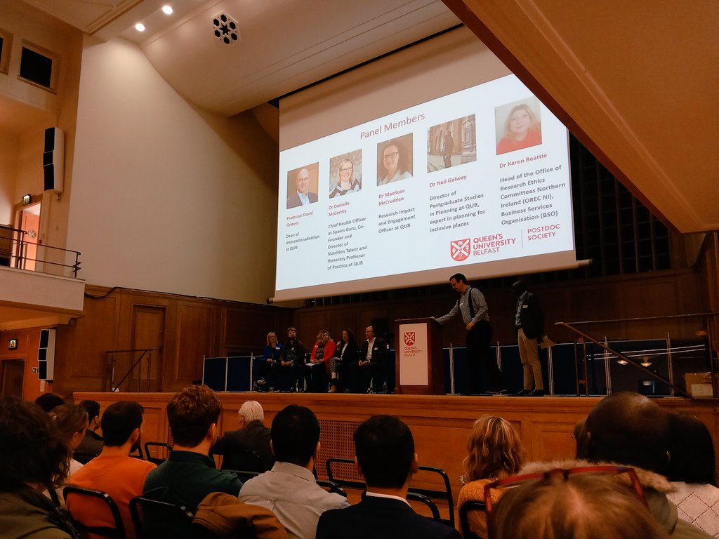 QUBPostdocSoc's tweet photo. We now begin our expert panel on the topic of collaboration &amp; impact

On stage are Prof David Grieve, Dr Danielle McCarthy, Dr Maeliosa McCrudden, Dr Neil Galway &amp; Dr Karen Beattie

A vast array of backgrounds &amp; academic expertise to hear from

#QUBPostdocShowcase https://t.co/b2X8ea3GtE
