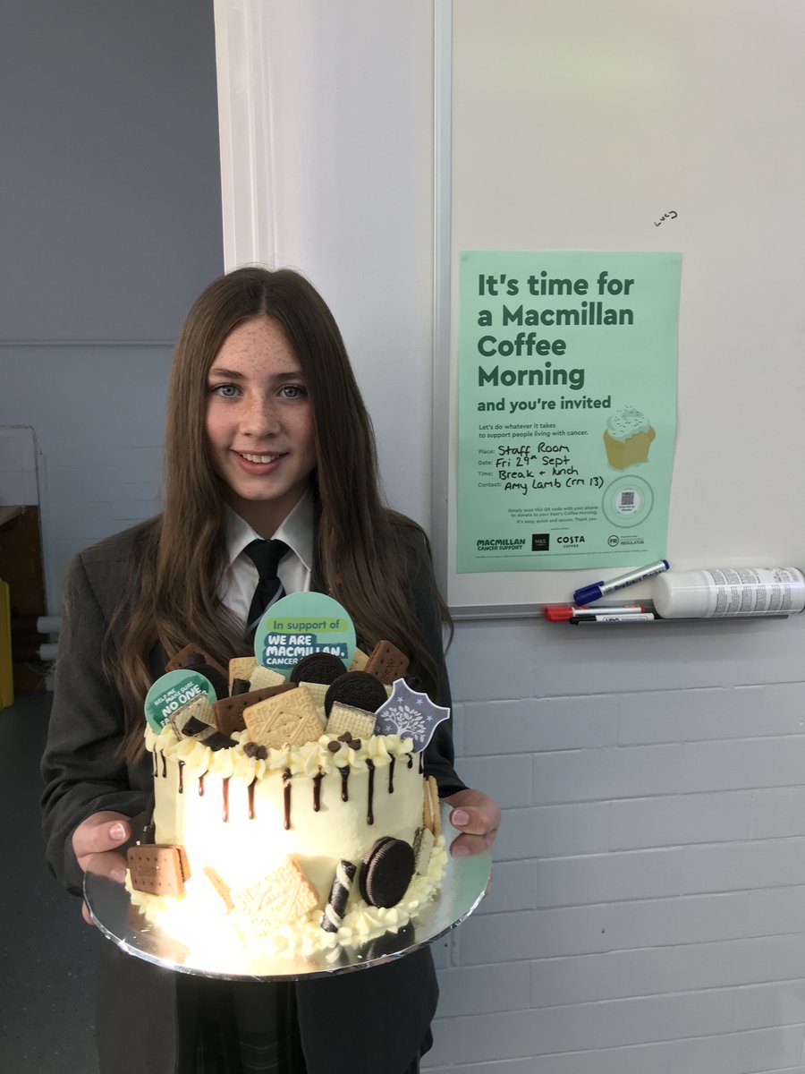 Macmillan Cancer Support
We are really proud of Mia in Year 8 for the fabulous cake she's made for today.  Many thanks to everyone who has brought in cakes or made a donation.  To donate to the Macmillan Coffee Morning, please click on the link below:
justgiving.com/cm23041169