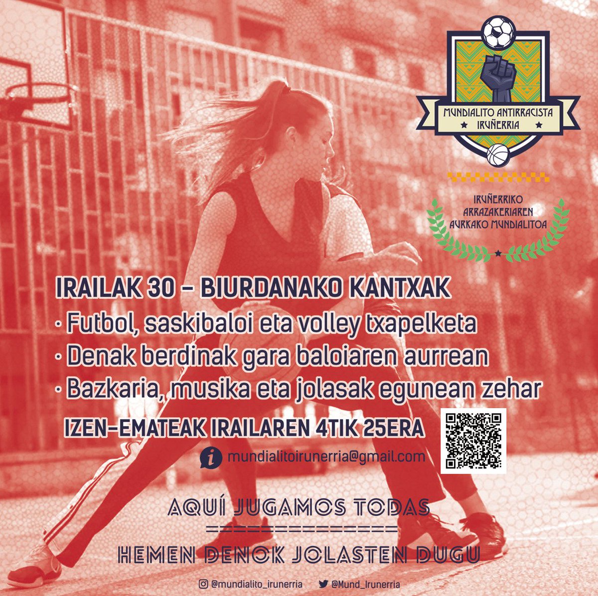 Zabaldi's tweet photo. Bihar Biurdanako kantxetan Iruñerriko Arrazakeriaren aurkako Mundialitoaren II. edizioa izango da.
Kirola, bazkaria, jolasak eta musika egunean zehar.
Gu han egongo gara. Ez ahaztu,
AQUI JUGAMOS TODAS
@Mund_Irunerria https://t.co/eyGQxLedwG