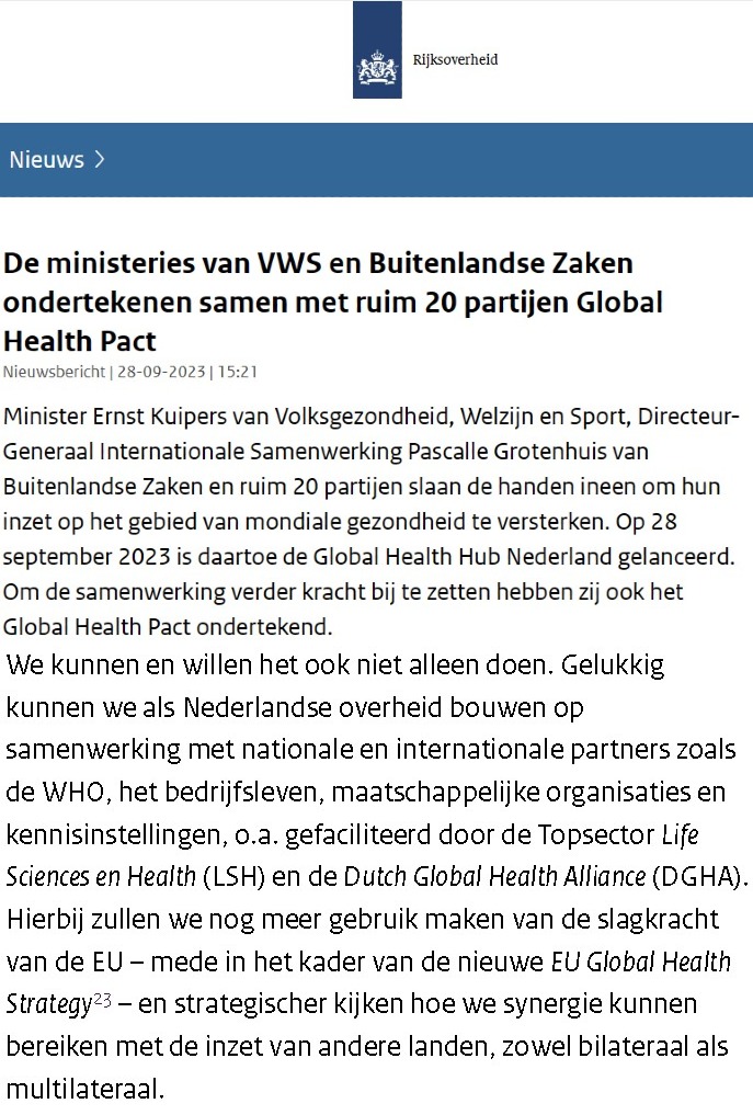 Terwijl iedereen is afgeleid door het voorval  in Rotterdam, wat vreselijk is hoor, begrijp me goed....
hebben de demissionaire ministeries van VWS en Buitenlandse Zaken gisteren de Global Health Hub ondertekend.

Bronnen; 1.rijksoverheid.nl/actueel/nieuws… 
2. rijksoverheid.nl/documenten/pub…