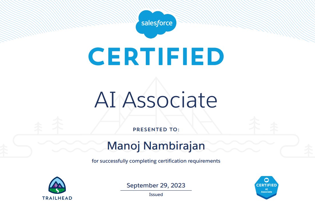 Closing the month on a high. 1400 BEST ANSWERS, among Top 12 Answer leader reference in weeklybuzz Answer newsletter AND
Cert#19.. Salesforce Certified AI associate 🙂.  Kudos to #trailheadacademy for coming up with the trailhead content and credential.