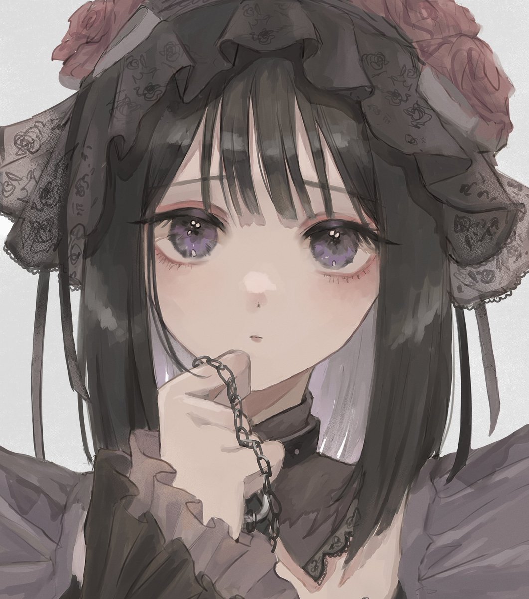 1girl solo chain purple eyes bangs looking at viewer flower  illustration images
