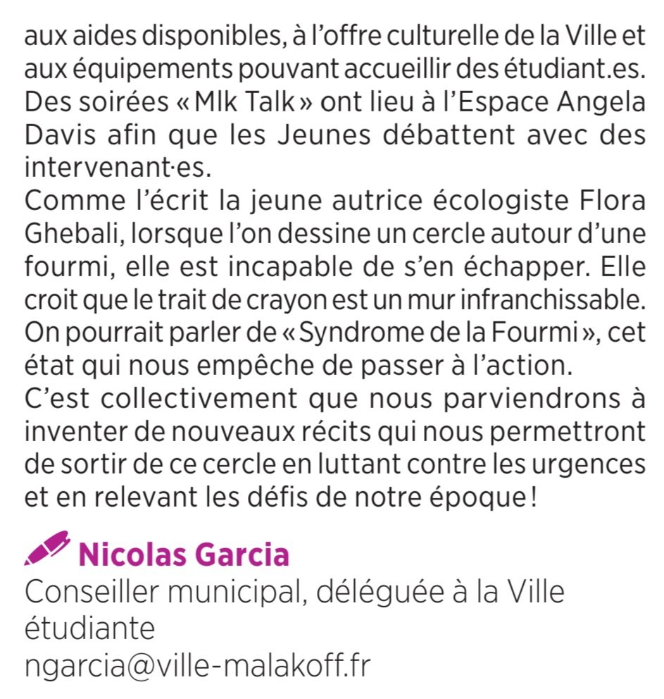 Nicolas Garcia 🌻✌️ (@garcianicolas92) on Twitter photo Ma tribune dans le #Malakoff Infos d'octobre au nom du Groupe "Les #Écologistes Collectif <a href="/EELV/">Les Écologistes - EELV</a>, <a href="/GenerationsMvt/">Génération·s</a> et citoyen·ne·s".
#precarite #etudiants Ma tribune dans le #Malakoff Infos d'octobre au nom du Groupe "Les #Écologistes Collectif <a href="/EELV/">Les Écologistes - EELV</a>, <a href="/GenerationsMvt/">Génération·s</a> et citoyen·ne·s".
#precarite #etudiants