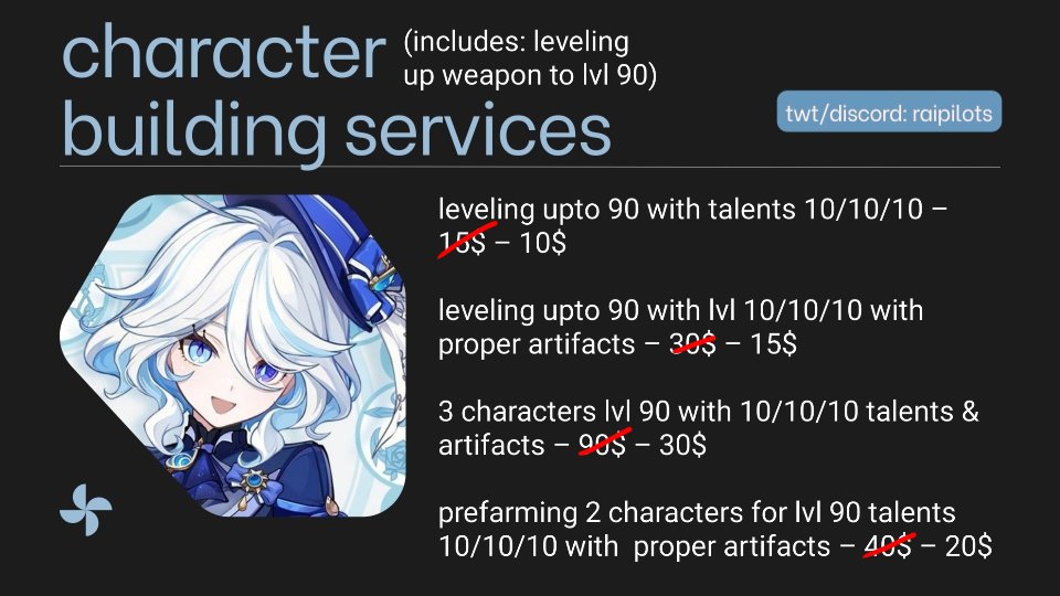 skirkreeyn's tweet image. GENSHIN PILOT SERVICES SALE

opening sales on 3 different services ^_^ the pictures given has the before and after prices of the sale. feel free to check it out!

avail by dming me or fill up the form in my bio &amp;lt;3 all of the slots are free atm! #genshinpilot #genshintwt #Genshin