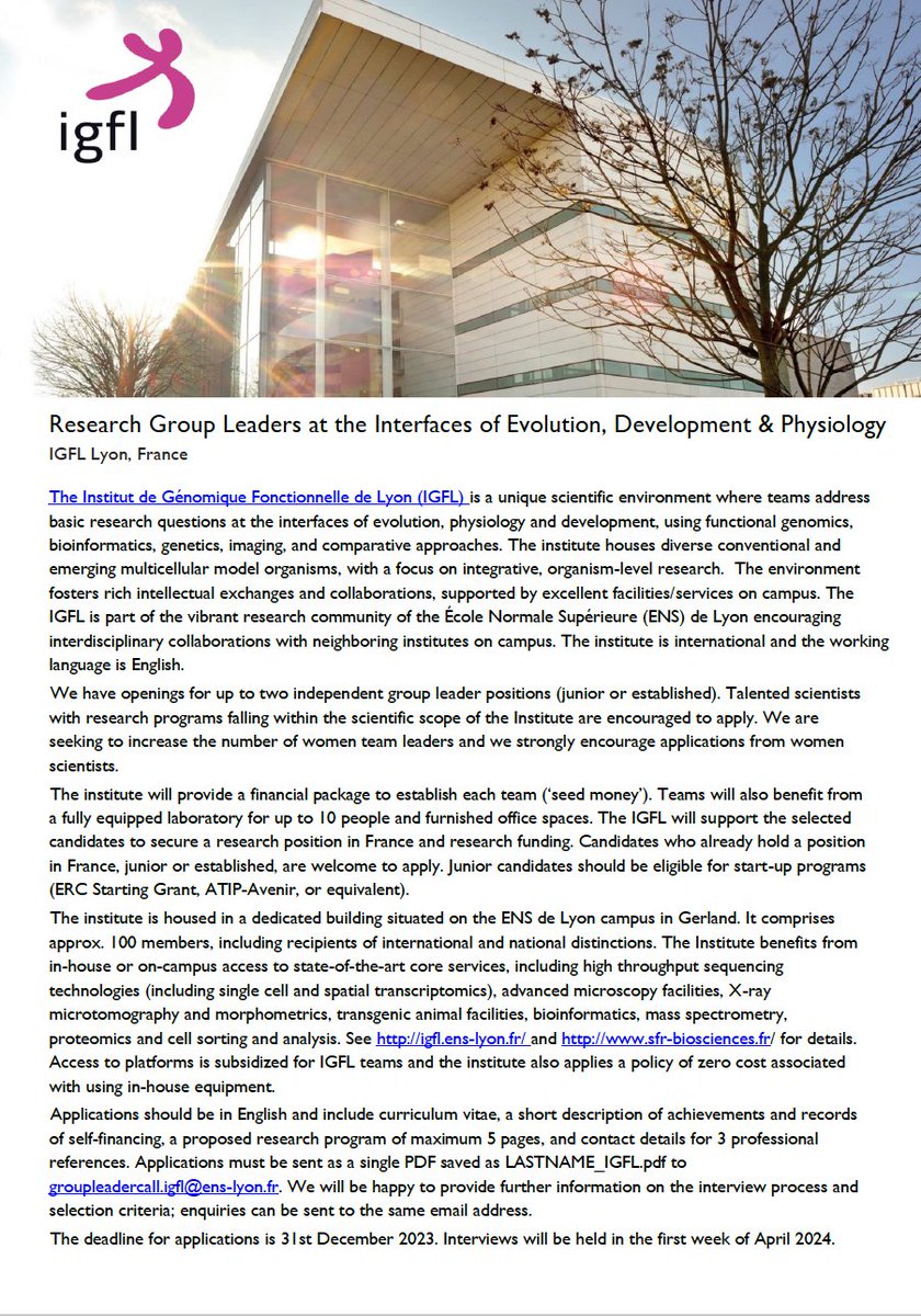 📢Group Leader call open @IGFLyon at the interfaces of Evolution, Development and Physiology. Application deadline 31 Dec.