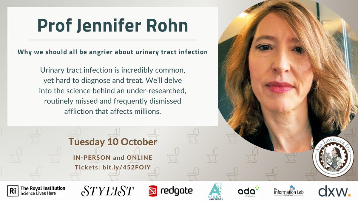 FindingAda's tweet image. Over 400m people, mostly women, develop a UTI every year. @JennyRohn will be delving into the complexities of UTIs and some of the new treatments on the horizon. 18:30, Tues 10 Oct @Ri_Science or watch online.
Details: findingada.com/events/
Tix: rigb.org/whats-on/ada-l…
