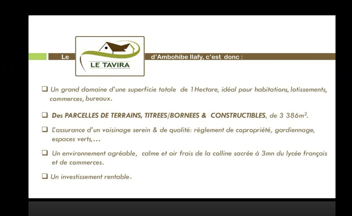 AveniraMada's tweet photo. Pour vos projets #immobiliers (commerces, bureaux 🏢, habitation 🏠,...) misez sur des parcelles de terrains, titrées, bornées et constructibles 🏗 @ #aveniraimmobiliermada, domaine "LE TAVIRA" à Ambohibe #Ilafy.
Contactez-nous: 📱034 64 112 06 / 033 84 112 06 / 032 05 112 03 https://t.co/XE4UsCM19J