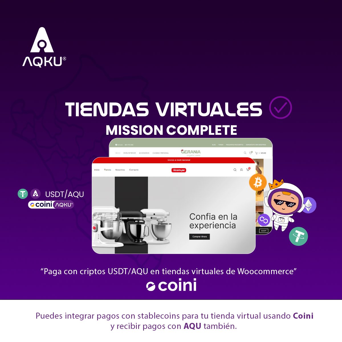 Tripulante nos aliamos con <a href="/coini_app/">coini</a> para permitirte realizar tus compras en tiendas virtuales usando criptos estables y de manera segura💜 

Tus compras las puedes realizar con USDT/AQU usando tu billetera AQKU y si eres un negocio con tienda en woocommerce ya puedes instalar