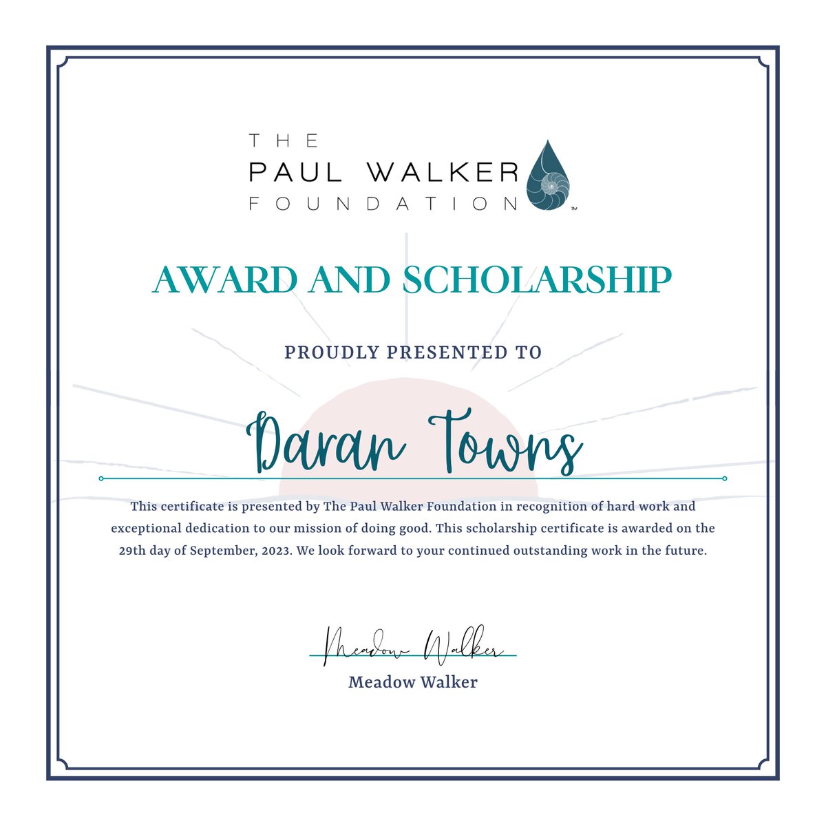 We are proud to announce Daran Towns as the 2023 Paul Walker Foundation Award and Scholarship recipient. 💙 This scholarship is in recognition of her hard work and exceptional dedication to our mission of doing good. Visit paulwalkerfoundation.org to learn more. #dogood