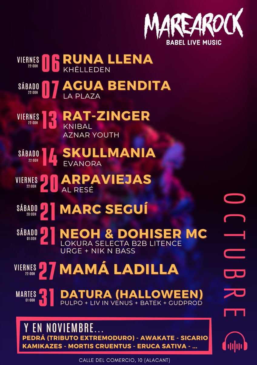 salamarearock's tweet photo. 🔥Programación de Octubre en #SalaMarearock 🎸 @LosAguaBendita @runallenaofic @arpaviejaspunk @Mama_Ladilla ... https://t.co/1DqxLGA1Gp
