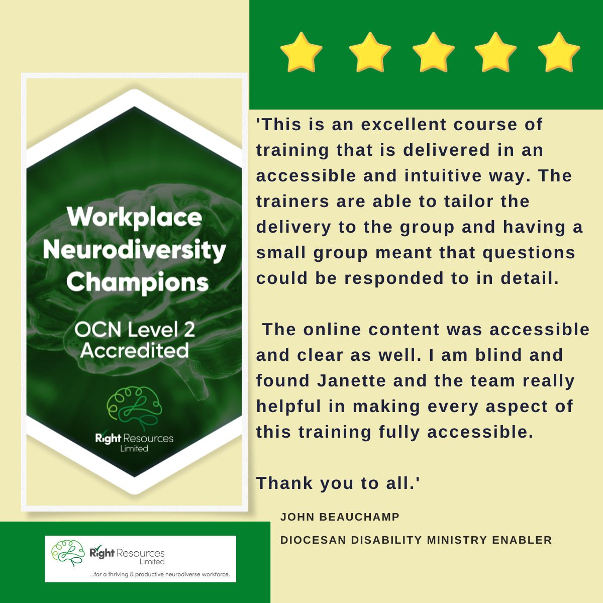 National #inclusion  Week (which really should be every day of every week) - grateful for this feedback from John who recently qualified and is an Accredited #Neurodiversity  Champion. Truly inclusive organisations are #neuroinclusive #employers. right-resources.org.uk/neurodiversity…