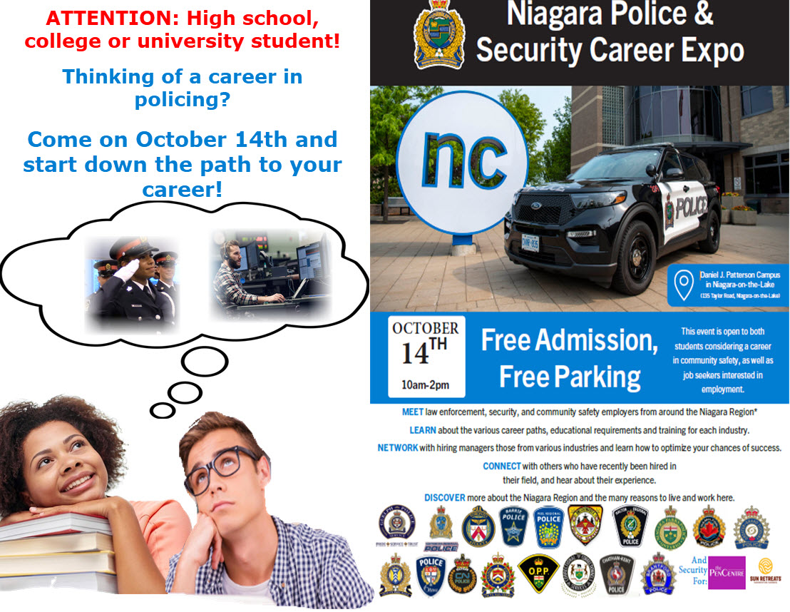 NRPSRecruiting's tweet photo. The Niagara Police &amp; Security Career Expo – great for all students looking to prepare for a career in policing. Come &amp; see what you can do now to prepare for your future career in policing!
See you Saturday, October 14/23, 10am-2pm @  Niagara College – Niagara On The Lake campus. https://t.co/Q9ySrX3nbh