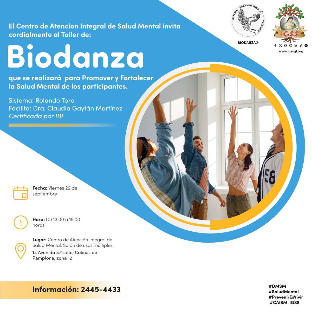 IGSS_gt's tweet photo. El #IGSS te invita al taller BIODANZA🕺
🗓️HOY Viernes 29 de septiembre
🕐De 13:00 - 15:00 horas
📍Centro de Atención Integral de Salud Mental, Salón de usos múltiples. 14 Avenida 4.ª calle, Colinas de Pamplona, zona 12
📞Información: 2445-4433
#UnIGSSmásCercaDeTi https://t.co/KYCbVVa0fN
