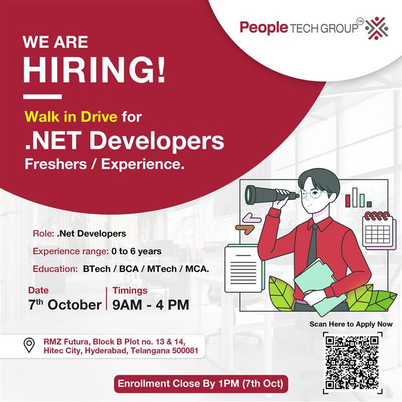 PeopleTechInc's tweet image. 🚀 Get ready to kickstart your career with us as #dotnetdevelopers at #hyderabad #walkininterview #Peopletechgroup.
Our interview process includes group discussions, coding tests, technical interviews, and HR discussions.
Mark your calendars and spread the word.