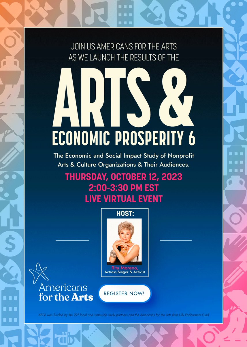 We’re excited to announce that our Arts & Economic Prosperity 6 study launch event will be hosted by award-winning actress, singer, dancer, and civil rights activist @TheRitaMoreno! Learn more about how the arts are helping local jobs and providing stability to economies on Oct.