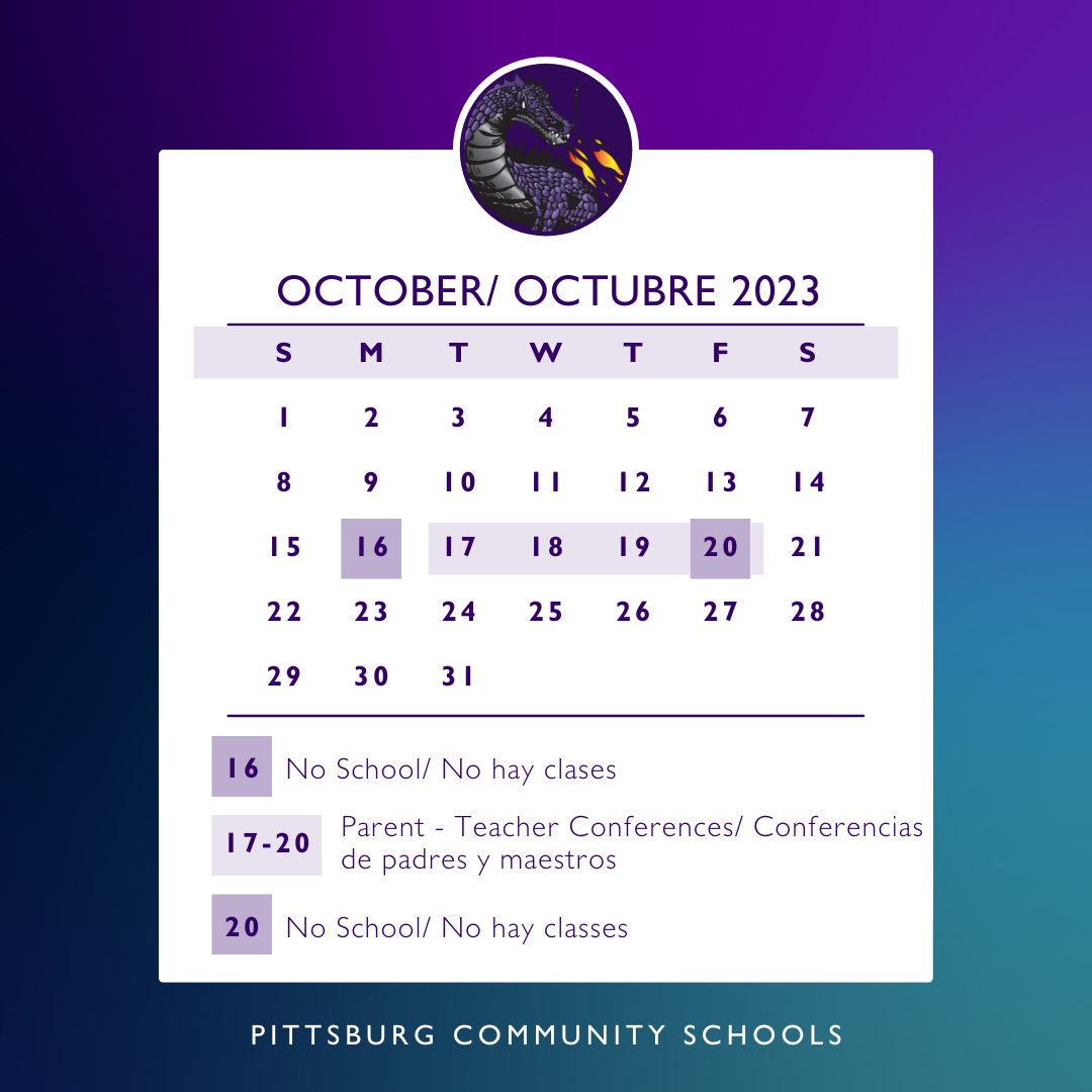 Mark your calendar! 📷

- October 16th | No School
- October 17th, 18th, 19th | Parent - Teacher Conferences 3:30pm-7:00pm
- October 20th | No School | Parent - Teacher Conferences 8am-noon

Contact your school for more information
Comuníquese con su escuela para más información