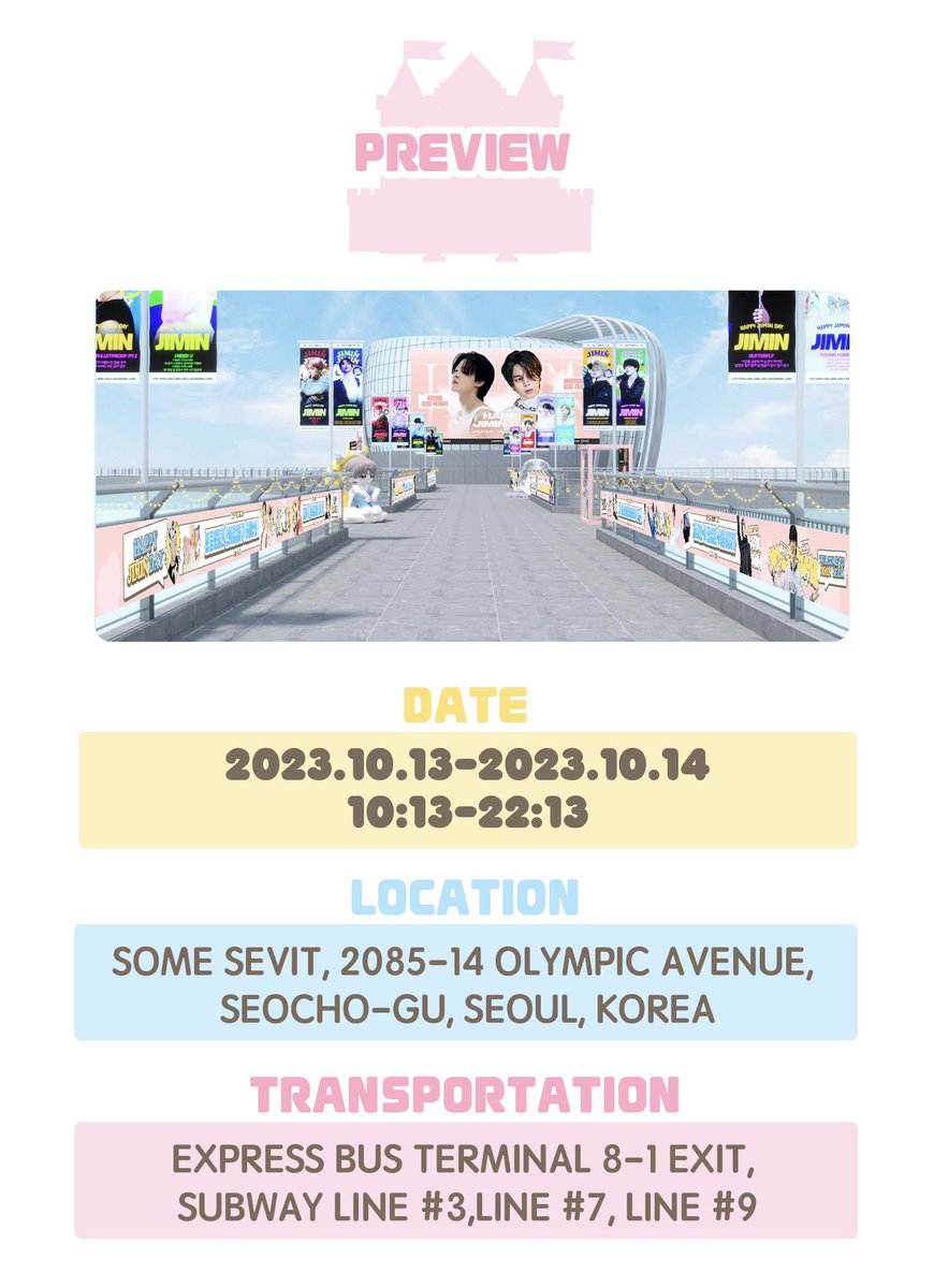 JIMINMoonRising's tweet photo. 𝟐𝟎𝟐𝟑 𝐉𝐈𝐌𝐈𝐍 𝐁𝐈𝐑𝐓𝐇𝐃𝐀𝐘 𝐏𝐑𝐎𝐉𝐄𝐂𝐓 
PART8 - Large-scale Themed Event in 「Some Sevit」

We are going to hold a large-scale event in Some Sevit with the theme 'JIMIN SEOM' in honor of Jimin's birthday.

【Location】Some Sevit
【Date】10.13-10.14 10:13-22:13 https://t.co/IG7UwXBiOu