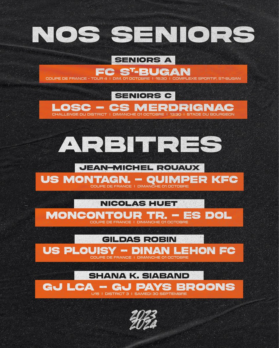 LoudeacOSC's tweet image. [PROGRAMME DU WEEK-END]

Voici les différentes rencontres de nos 𝑻𝒂𝒏𝒈𝒐𝒔 dans les différentes catégories ce week-end.

Nous vous attendons nombreux sur les bords des terrains à venir encourager nos Tangos 📣🔥

#𝑨𝑳𝑳𝑬𝒁𝑻𝑨𝑵𝑮𝑶𝑺🧡🖤