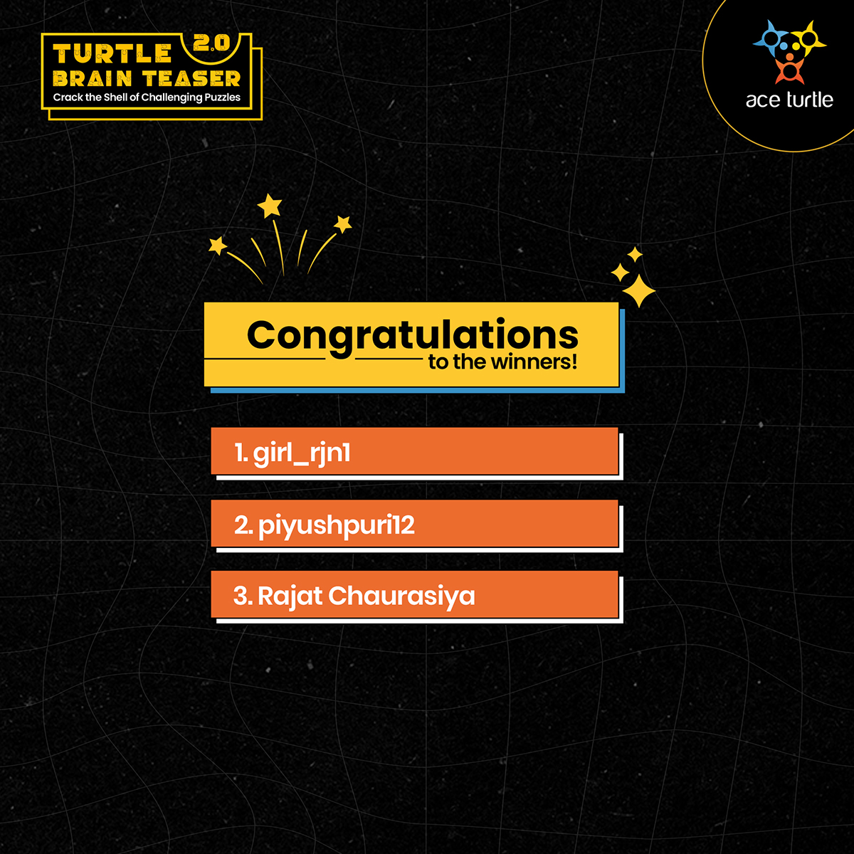_AceTurtle's tweet photo. Congratulations to @grlRjn30 @piyushpuri12 and Rajat Chaurasiya for cracking the previous challenge! Enjoy your exclusive #wranglermerchandise rewards.
Stay tuned for more brain teasers and chances to win fantastic prizes.
#TurtleBrainTeaserChallenge #WinnerAnnouncement https://t.co/11U0uWCgkU