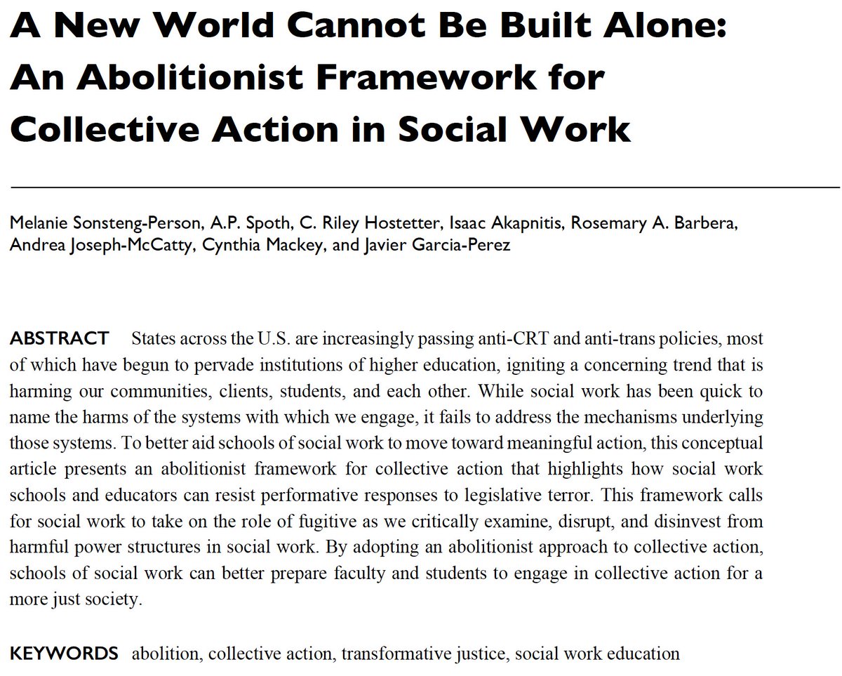 NEW PUBLICATION! Out today in Abolitionist Perspectives in Social Work (@APSWJournal) from @sonsteng_person @apspoth @crhostetter Isaac Akapnitis @RosiRabar @DrAndreaJoseph1 @GrowinWitCindy & @GarciaPerezJavi! Free Download: apsw-ojs-uh.tdl.org/apsw/article/v…