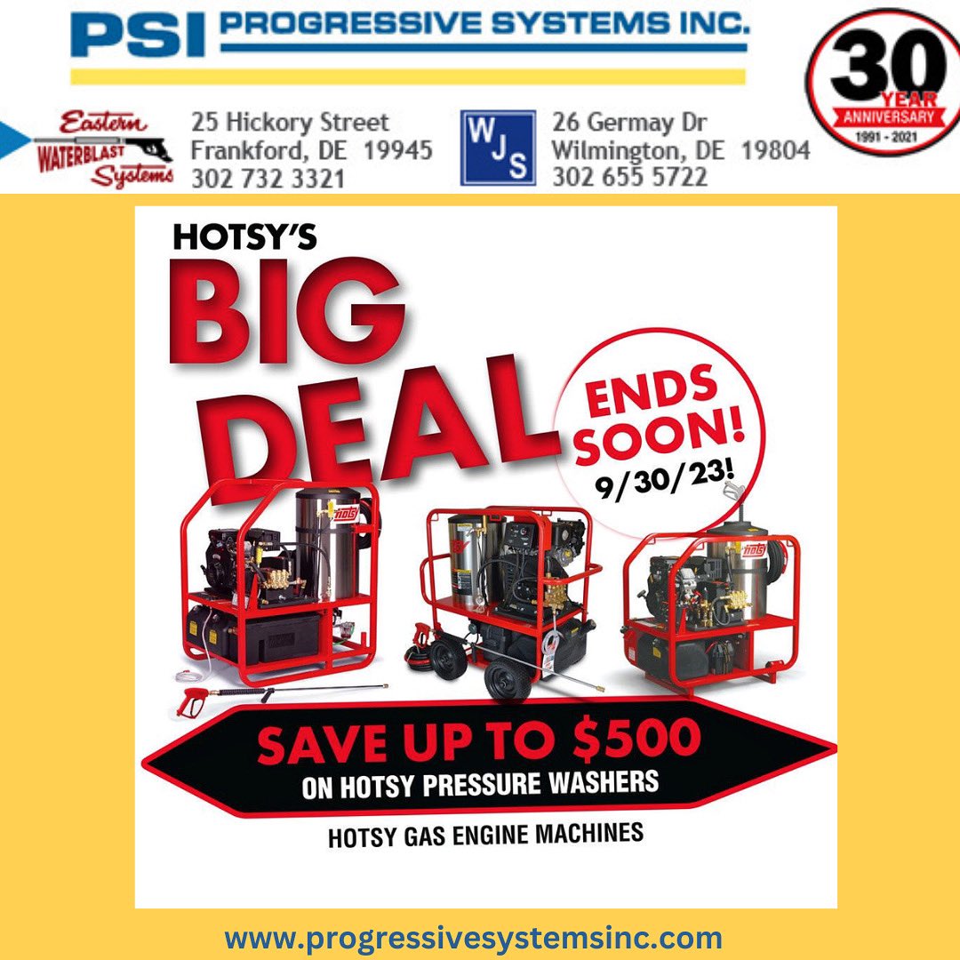 PSICleanEquip's tweet photo. Don't miss out on the Hotsy Big Deal! 
The clock is ticking &amp; our exclusive Hotsy Big Deal is ending today! Save up to $500 on powerful Hotsy pressure washers from PSI. Give us a call. 📞 #HotsyBigDeal #CleanWithPower #LimitedTimeOffer #NothingCleansLikeAHotsyFromPSI https://t.co/T4h6NMzvTu