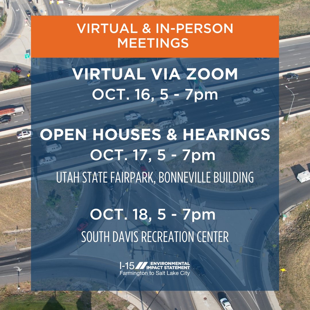 The study team is looking for feedback
➡️Review the Draft EIS
➡️Attend a public meeting on 10/16, 10/17 or 10/18
➡️Comment on the I-15 EIS website through 11/13

<a href="/DavisCountyComm/">Davis County</a> <a href="/nslchat/">North Salt Lake</a> <a href="/BountifulCityUT/">Bountiful City</a>
<a href="/centervilleut/">Centerville Utah</a> <a href="/FarmingtonCity/">FarmingtonCity</a> <a href="/woodscrosscity/">Woods Cross City</a>
<a href="/westbountiful/">West Bountiful City</a>