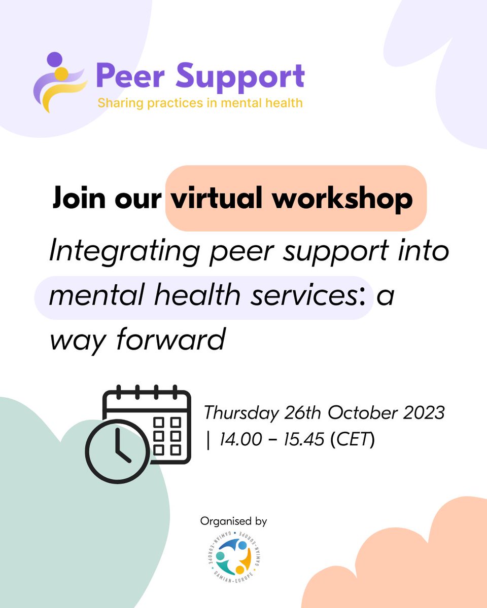 As #mentalhealth needs rise, #peersupport shines as a beacon of hope & recovery. 🙋‍♀️ Join our workshop on the 26 October at 14:00 CET to discuss challenges and ways forward on the integration of peer support in mental health services. ✍️ Register here: forms.gle/6bT5knSqJDPbup…