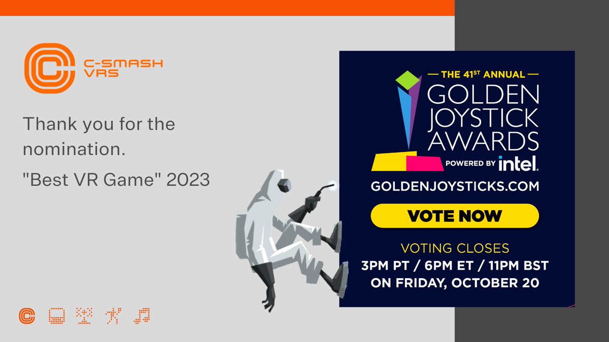 🧡 C-Smash VRS has been shortlisted for 'Best VR Game' in the 41st Annual #GoldenJoystickAwards Powered by @Intel! Voting is now open! View the 2023 Shortlist and have your say! trib.al/zdc9vkA Every vote counts! 🎾 #GoldenJoysticks #PSVR2 #PlayStation #PS5